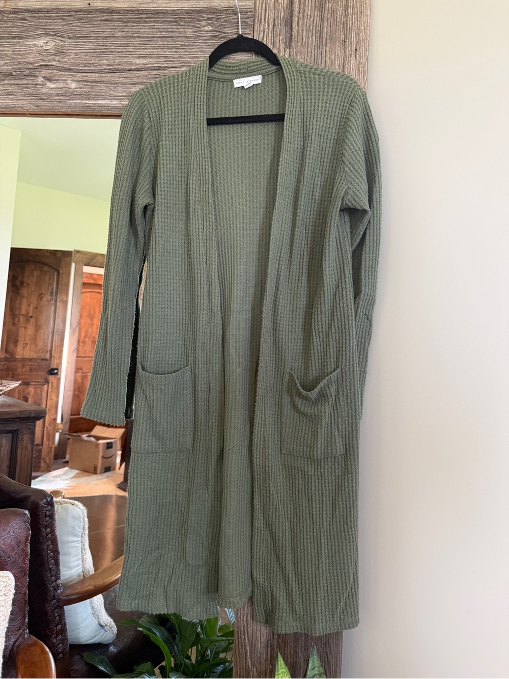 Ribbed Open-Front Long Cardigan Sweater in Olive